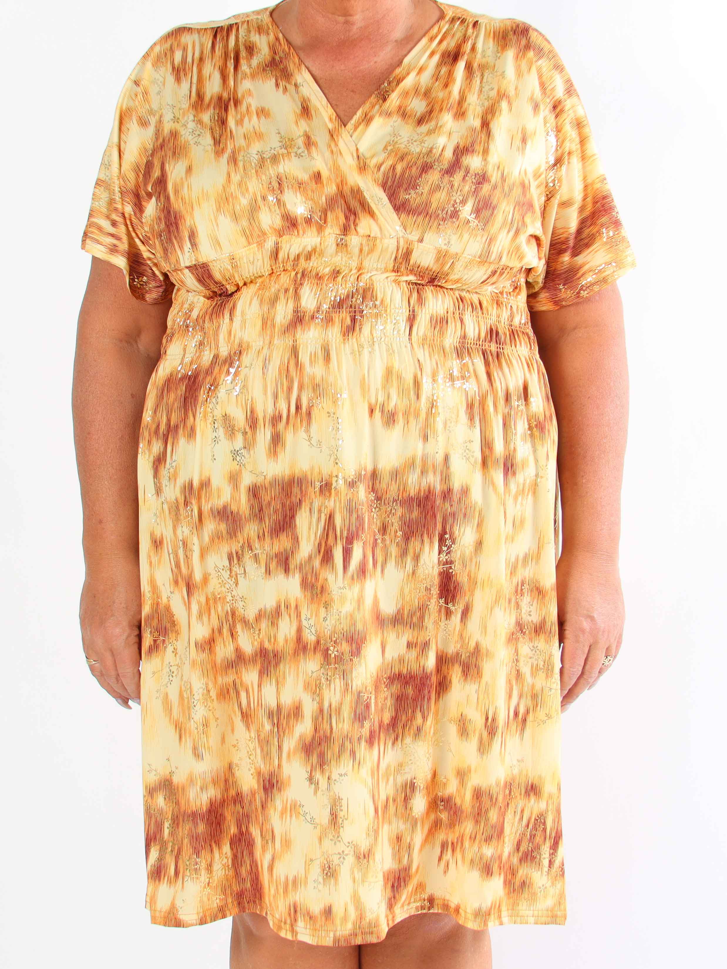 Pams Art Short - Plus size elastisk kjole med guld blomster